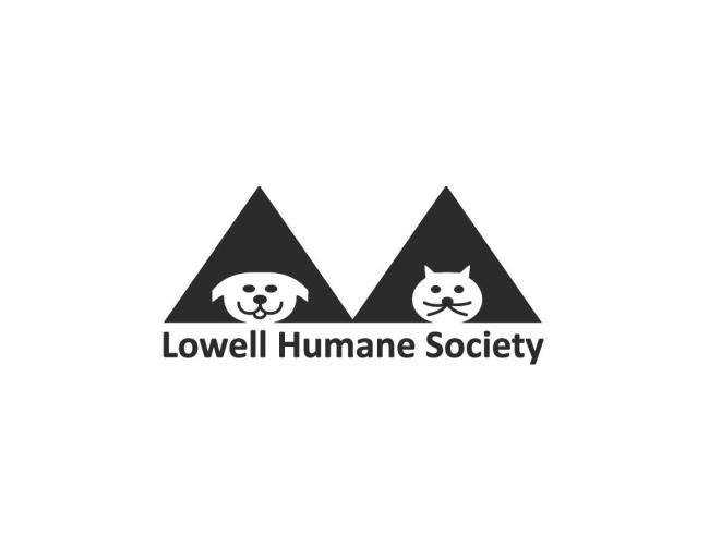 Lowell Humane Society (Lowell, Massachusetts) logo two black triangles one with drawn white dog head black facial features one with white drawn cat head black facial features black lettering belowcat