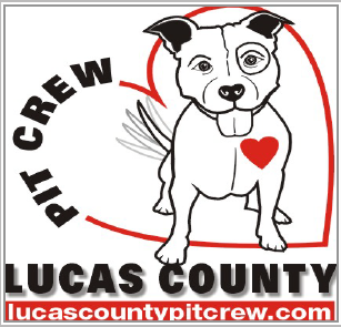 Lucas County Pit Crew (Toledo, Ohio) logo of pit bull with tail wagging, red heart, big heart and Lucas County Pit Crew text