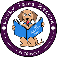 Lucky Tales Rescue (Ft. Thomas, Kentucky) logo of dog reading book ‘My Adoption Story’, purple circle, paws #LTRescue