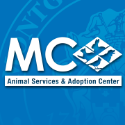 Montgomery County Animal Control and Adoption Services (Derwood, Maryland) logo of blue square, rabbit, cat, dog, bird, MC