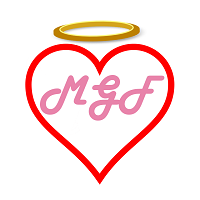 Miss Gabriel Foundation (Rogue River, Oregon) logo of red heart with pink M G F letters, yellow halo, Miss Gabriel Foundation