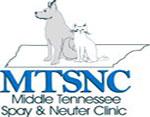 Middle Tennessee Spay & Neuter Clinic (Shelbyville, Tennessee) logo of cat and dog sitting on map of Tennessee, MTSNC