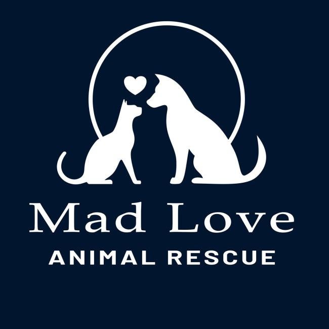 Mad Love Animal Rescue (North Hollywood, California) logo navy blue background white lettering white silhouette dog and cat faceing each other small white heart above them