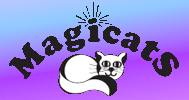 Magicats (Buhl, Idaho) logo is a cat lying under the organization name with rays coming off the dot on the “i”