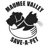 Maumee Valley Save-A-Pet (Toledo, Ohio) logo of black-and-white dog, cat, hand, hug, Maumee Valley Save-A-Pet