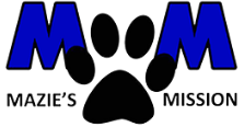 Mazie’s Mission (Frisco, Texas) logo is two blue M’s above the org names with a black pawprint between them
