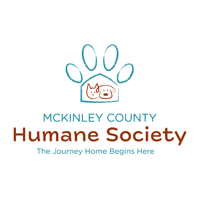 McKinley County Humane Society, (Gallup, New Mexico), logo sketch of brown dog and cat face inside turquoise outline of house and pawprint above brown and turquoise text