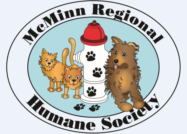 McMinn Regional Humane Society, (Athens, Tennessee), logo drawing of a fire hydrant with pawprints between one dog and two cats in an oval with text