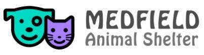 Medfield Animal Shelter, (Medfield, Massachusetts), logo heads of green dog and purple cat next to grey text
