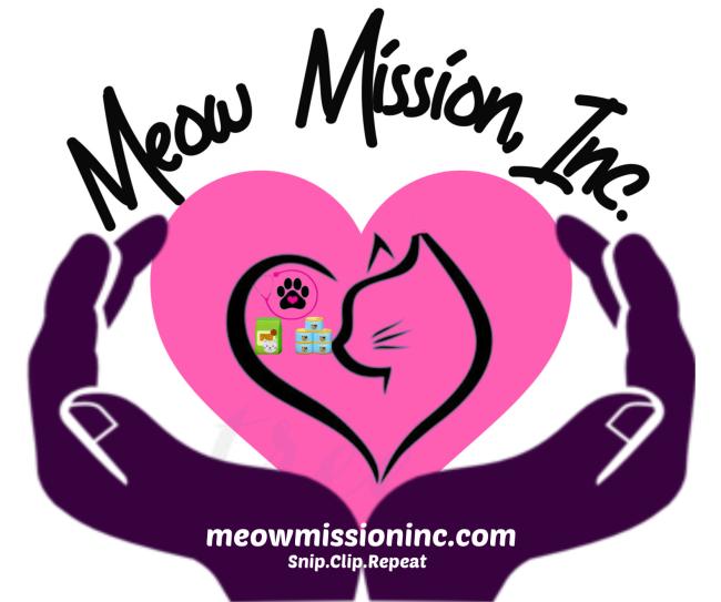 Meow Mission Inc. (Warsaw, Missouri) logo two large dark purple hands together at wrists holding a neon pink heart with black heart outline the right line continues inside the heart to form a cat head outline black text above