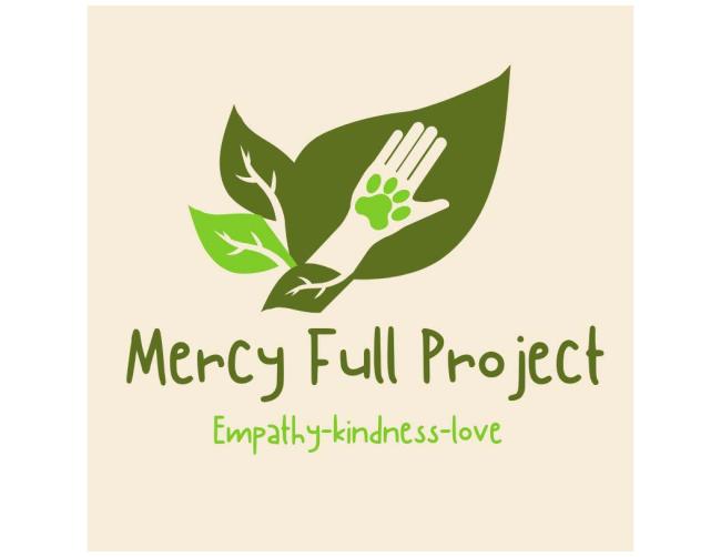 Mercy Full Project (Tampa, Florida) logo light tan background four varying sizes of deep plant green leaves drawn light tan hand with light green paw print layered on top deep plant green and light green lettering at bottom