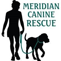 Meridian Canine Rescue (Meridian, Idaho) logo is a shadow person walking a shadow dog with a green leash next to the org name
