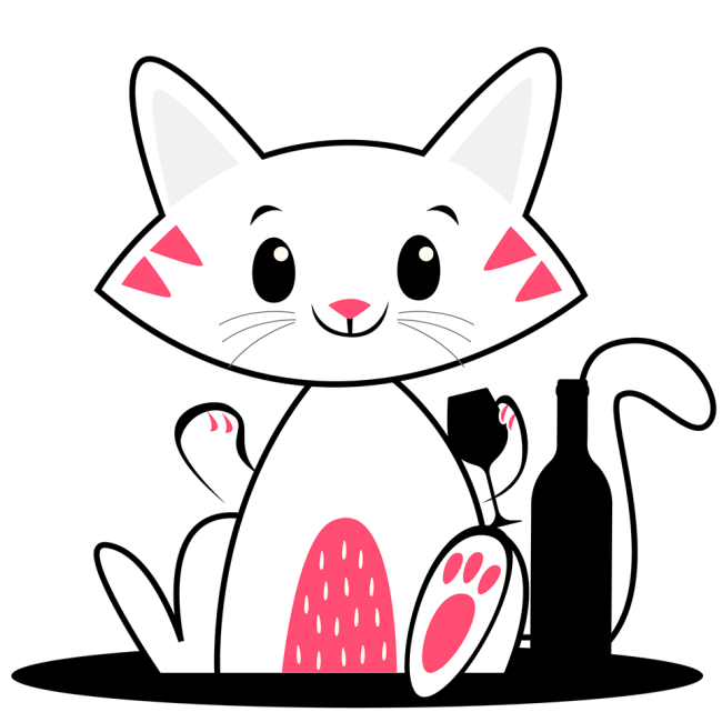 Mews & Merlot (Stafford, Virginia) logo cartoon cat with wine bottle and wine glass