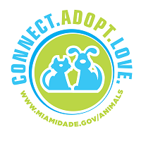 Miami-Dade County Animal Services (Doral, Florida) logo of green circle, blue dog and cat, connect, adopt, love 
