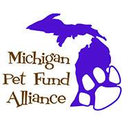 Michigan Pet Fund Alliance (Bloomfield Hills, Michigan) logo of purple Michigan state and white paw print 