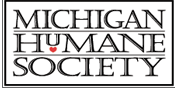 Michigan Humane Society (Bingham Farms, Michigan) logo of black rectangle, text, Michigan Humane Society, red heart 
