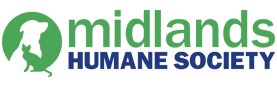 Midlands Humane Society (Council Bluffs, Iowa) logo is a green circle with a white dog and green cat inside next to the org name