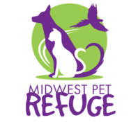 Midwest Pet Refuge (Portland, Indiana) logo is the org name under a green circle with a white cat and purple dog and bird inside