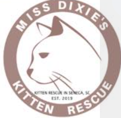Miss Dixie's Kitten Rescue, (Seneca, South Carolina) logo cat face in brown with brown circle and white text