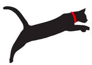 Miss Kitty Feline Sanctuary (Thomasville, Georgia) logo of black cat with red collar jumping, sanctuary and adoption center