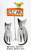 Mitchell County Animal Rescue (Spruce Pine, North Carolina) logo is a dog & cat sitting next to a “MCAR” sign with a bird on it