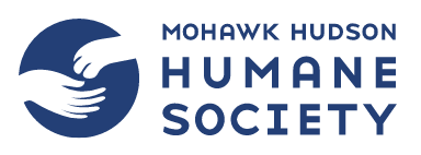 Mohawk Hudson Humane Society (Mendands, New York) logo in blue and white with hand open for paw to left of org name