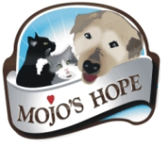 Mojo’s Hope (Anchorage, Alaska) logo is a dog and two cats looking over a banner with the org name and a heart dotting the “j”