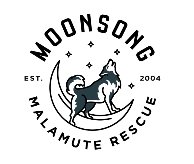 Moonsong Malamute Rescue, Inc.,(Boise, Idaho) logo dog silhouette on moon encircled by dark text