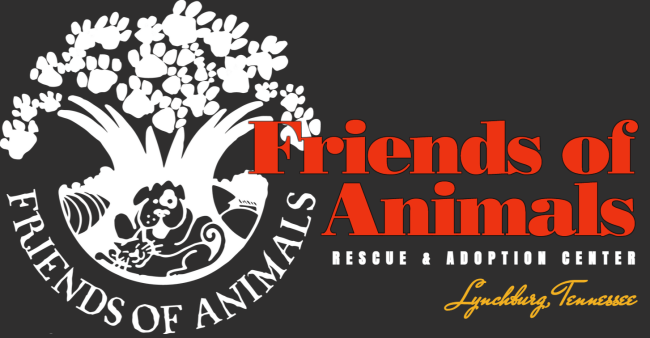 Moore County Friends of Animals, (Lynchburg, Tennessee) logo white tree with dogs and cat silhouette on black background