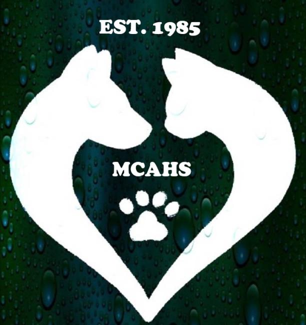 Morrison County Animal Humane Society Inc. (Little Falls, Minnesota) logo dark shades of green background with water droplets drawn white silhouette of dog and cat to form a heart white text in middle with white paw print