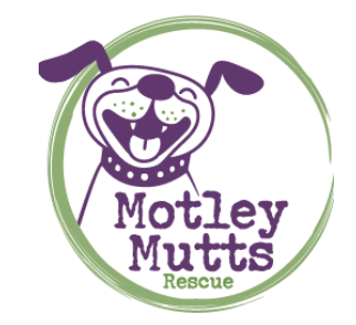 Motley Mutts Rescue, (Francestown, New Hampshire) logo cartoon like happy dog above Motley Mutts Rescue in green outlined circle
