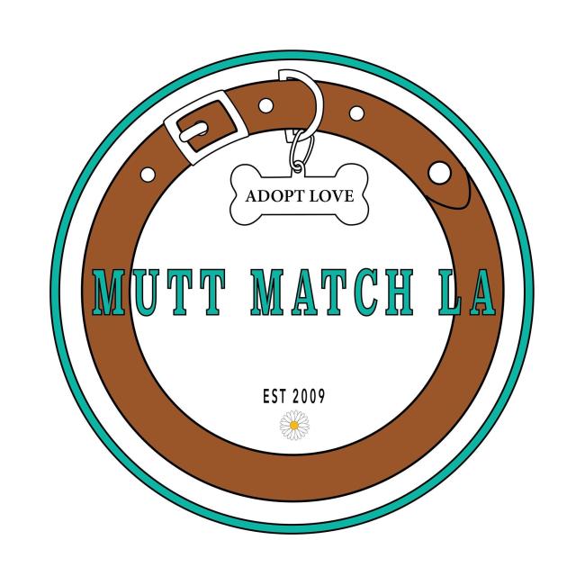 Mutt Match LA, (Canyon Country, California), logo turquoise circle around brown belt circle with bone shaped tag and black and turquoise text