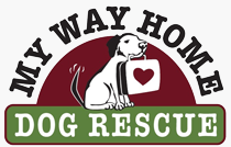 My Way Home Dog Rescue, (Sandy, Oregon), logo of dog carrying a suitcase in his mouth with heart, tail wagging