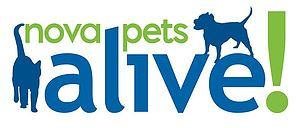 NOVA Pets Alive (Fairfax, Virginia)  of blue dog and cat silhouettes, green nova pets and exclamation point, blue alive