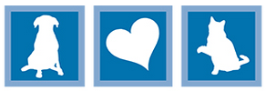 Nassau Humane Society (Fernandina Beach, Florida) logo is white shadows of a dog, heart, and cat each in a blue box