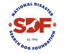 National Disaster Search Dog Foundation, (Santa Paula, California) logo white dog on red text with blue text in circle