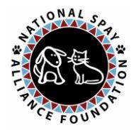 National Spay Alliance Foundation (Dalton, Georgia) logo of circle with dog, cat silhouette, red, blue triangles, paw prints