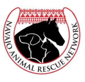 Navajo Animal Rescue Network, (Kayenta, Arizona) logo black horse and dog silhouette with horseshoe outlined in red with black text