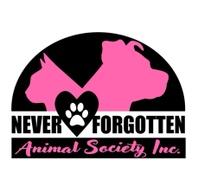 Never Forgotten Animal Society (Pahrump, Nevada) logo pink silhouettes of cat and dog on black background black heart with white paw print layered over top black and pink text below