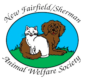 New Fairfield Sherman Animal Welfare Society (New Fairfield, Connecticut) logo of brown dog, white cat on grass with blue sky