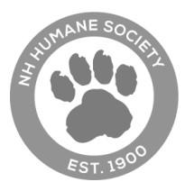 New Hampshire Humane Society (Laconia, New Hampshire) logo grey paw print white background surrounded by grey thick circle white text inside ring