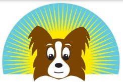 New Life K-9 Rescue, (Sherman Oaks, California), logo of brown and white dog cartoon, sun shine, sun rays, New Life K-9 Rescue