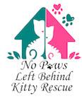 No Paws Left Behind Kitty Rescue, (Oakley, California), logo of house split into a green and a pink half, each containing the partial outline of a white cat with pink and green pawprints above and text below