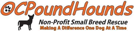 OCPoundhounds Small Breed Rescue (Orange, California) logo has a black dog and the organization name with a pawprint in the “O”