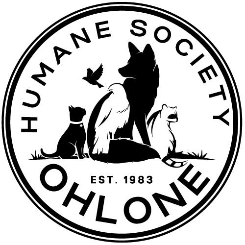 Ohlone Humane Society, (Fremont, California), logo black and white drawing of dog, cat, two birds and racoon in a circle