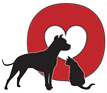 OPIN, Inc. (Riverside, Connecticut) logo is a red circle with a white heart inside and a black dog and sitting cat