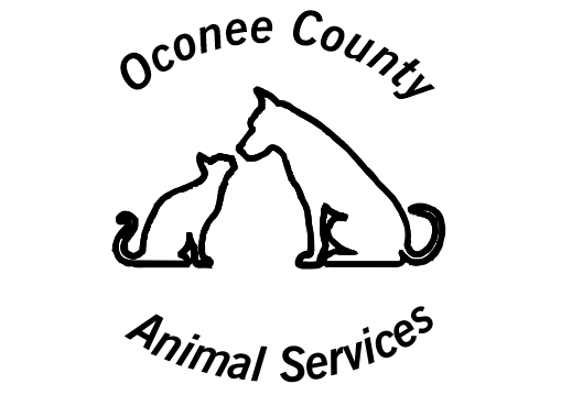 Oconee County Animal Services (Bishop, Georgia) logo white backgroung black outline of cat and dog facing each other almost touching noses black text above and below