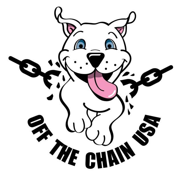 Off the Chain USA (Braselton, Georgia) logo white drawn dog with blue eyes pink tongue smiling runing through a broken chain
