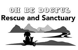Oh Be Dogful Rescue, (Crested Butte, Colorado), logo drawing of dog relaxing by the side of a lake with mountains in the back