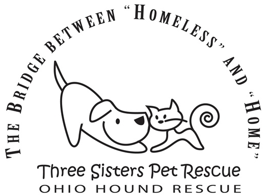 Ohio Hound Rescue/Three Sisters Rescue (Cincinnati, Ohio) logo is a dog and cat surrounded by the org name and tagline